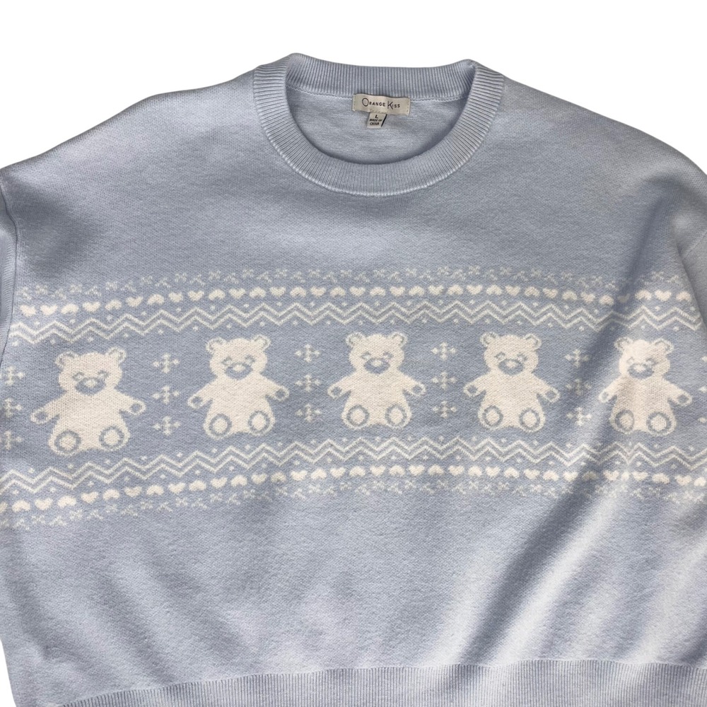 Orange Kiss Sweater Teddy Bear Light Blue Knit Pullover Women Size Large Twee
